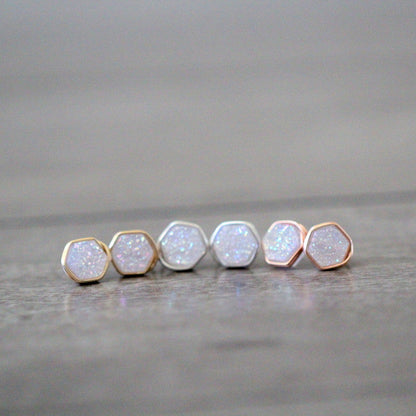 Hexagon Druzy Studs - Cottontail