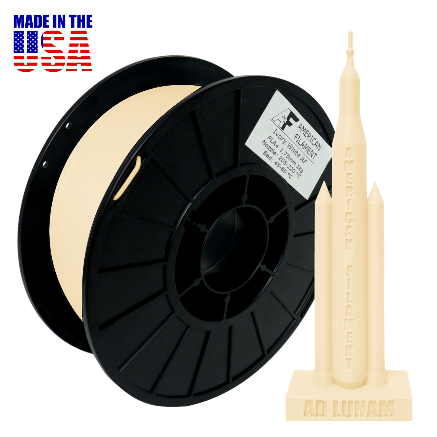 Elfenbeinweißes AF 1,75 mm PLA+ Filament Hergestellt in den USA!