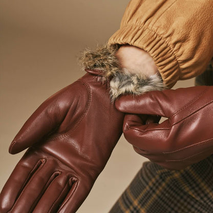Julietta (brown) - Lambskin leather gloves with plush rabbit fur lining and touchscreen feature — photo 7 of 10