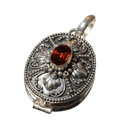 Vintage Sterling Silver Oval Locket with Faceted Red Crystal - 925 Silver Pendant