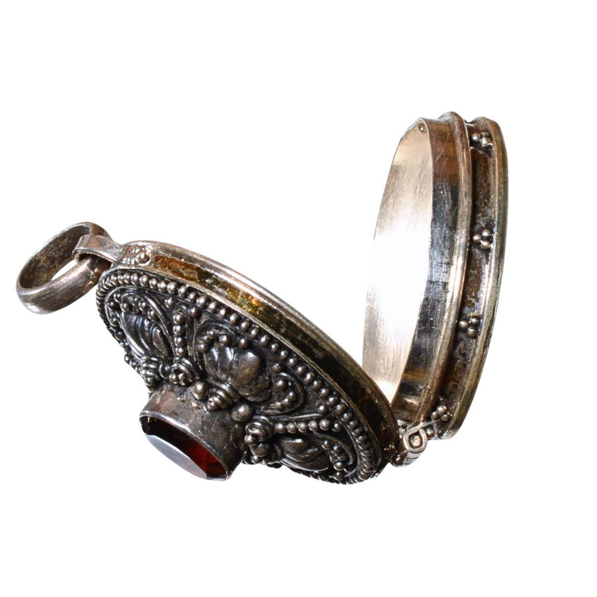 Vintage Sterling Silver Oval Locket with Faceted Red Crystal - 925 Silver Pendant