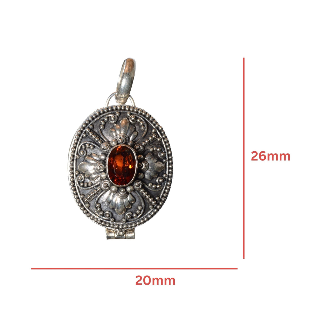 Vintage Sterling Silver Oval Locket with Faceted Red Crystal - 925 Silver Pendant