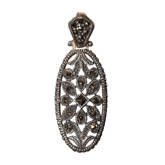 Vintage Marcasite Filigree Pendant - Solid .925 Sterling Silver (43mm)