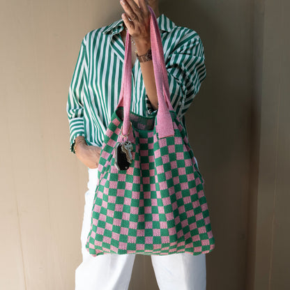 Pink and Green Checkered Tote Bag - Washable Cotton Knit with Key Ring