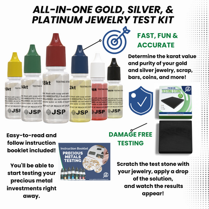 Professional Gold, Silver, Platinum Jewelry Testing Kit with Stone Instructions and Box with 30X Eye Loupe Magnifier Precious Metals 10K-24K