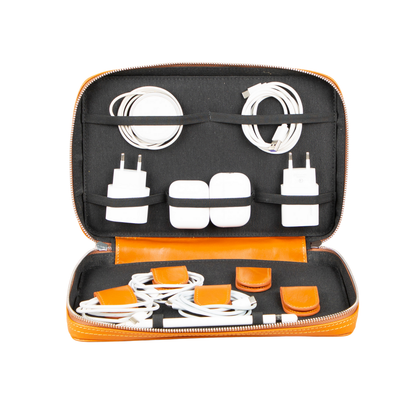 Leather Tech Organizer Case - Orange - Oslo