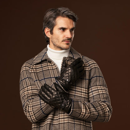 Luca (black) - Italian lambskin leather gloves with cashmere lining and checkered pattern — photo 2 of 10