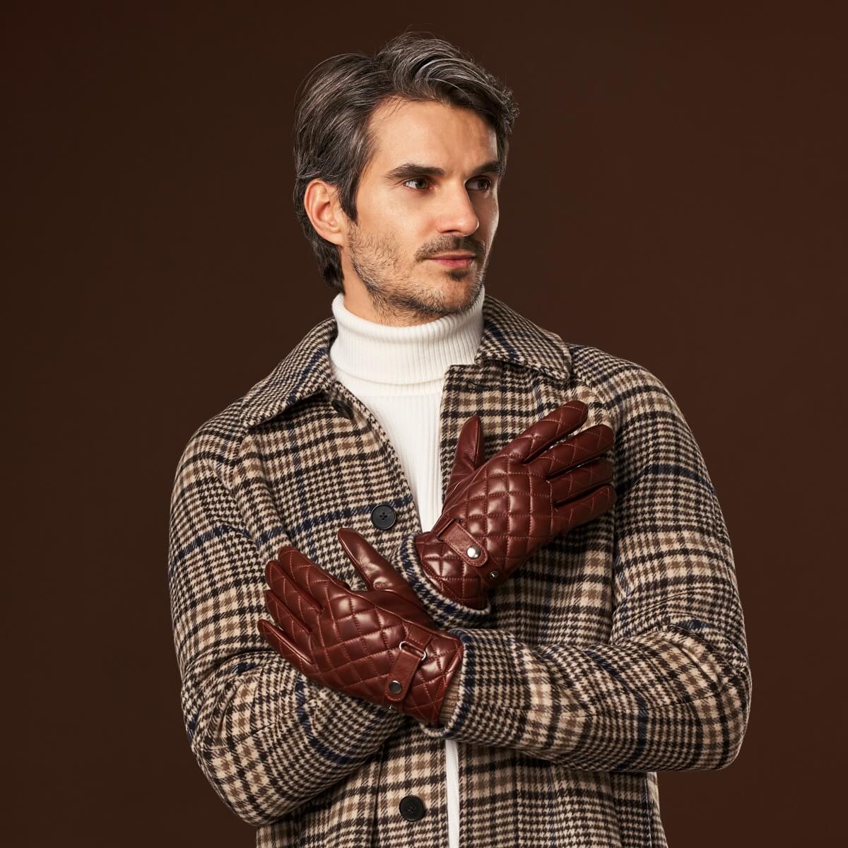 Luca (brown) - Italian lambskin leather gloves with cashmere lining and checkered pattern — photo 2 of 10
