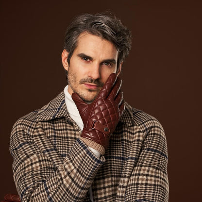 Luca (brown) - Italian lambskin leather gloves with cashmere lining and checkered pattern — photo 9 of 10