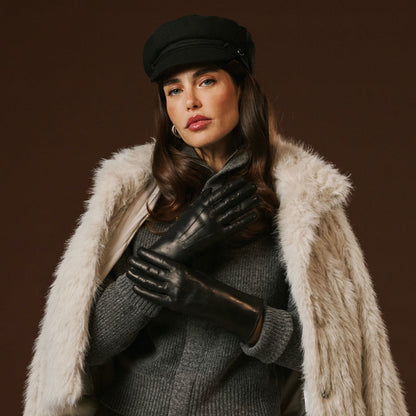 Luciana (black) - Extended women’s Italian lambskin leather gloves with rabbit fur lining — photo 1 of 10