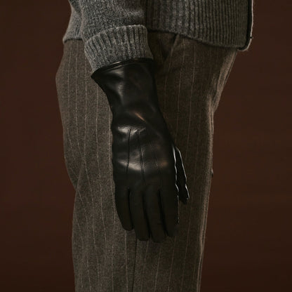 Luciana (black) - Extended women’s Italian lambskin leather gloves with rabbit fur lining