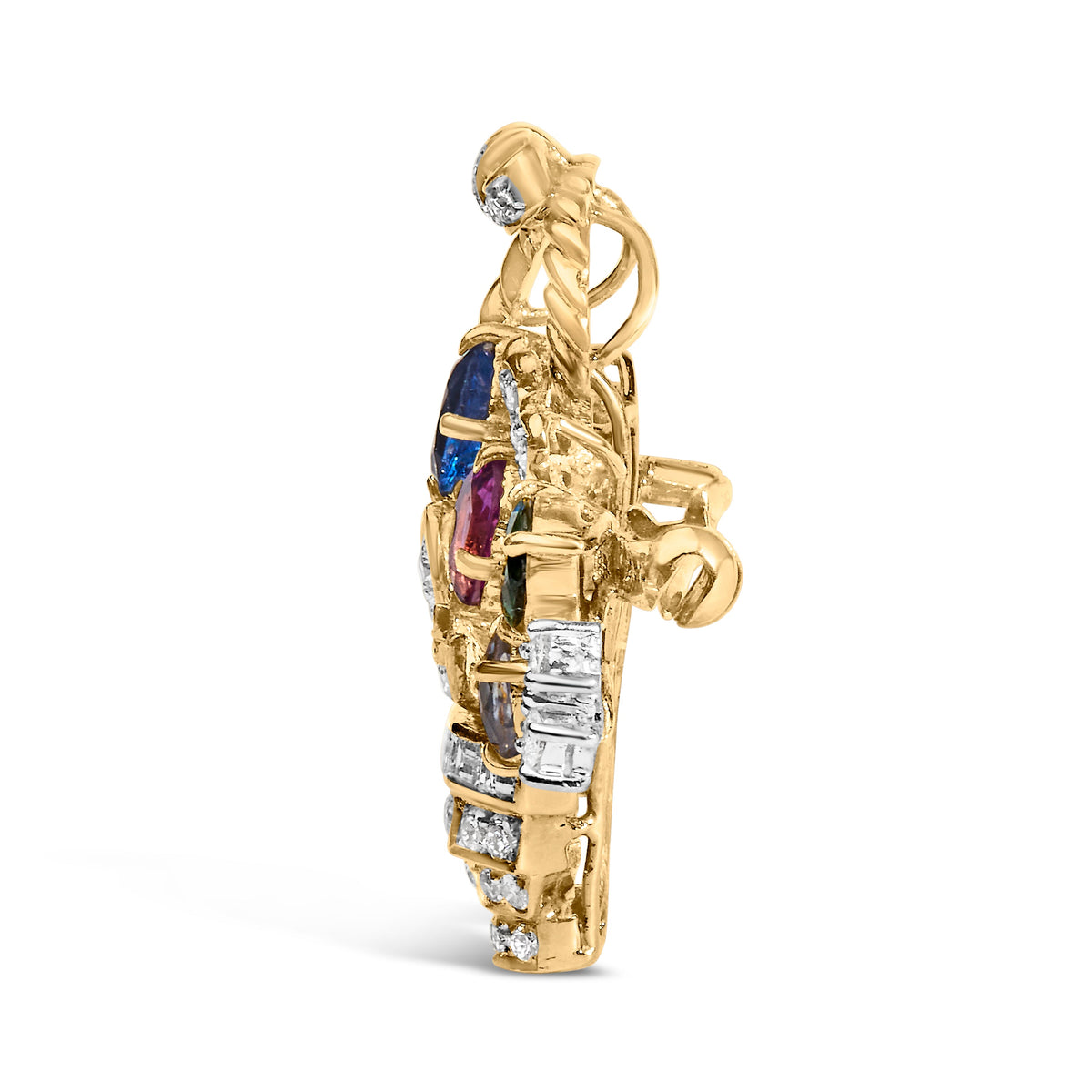 18K Yellow Gold 1 1/10 Cttw Diamond and Mixed Gemstone Floral Bouquet Pendant and Brooch Pin (G-H Color, VS1-VS2 Clarity)