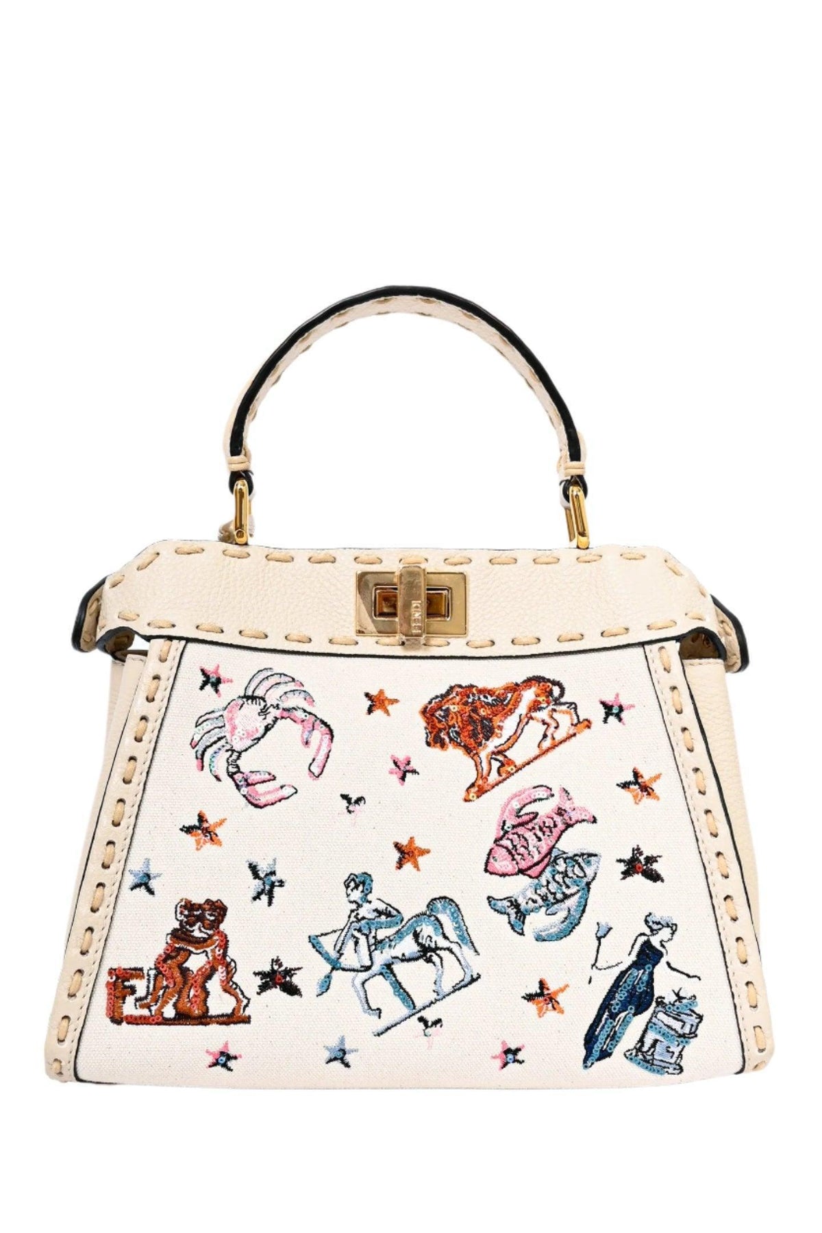 Fendi Cream Leather Astrology Embroidered Canvas Mini Peekaboo Top Handle