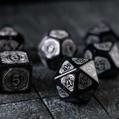 Juego de Dados de DND de Piedras Preciosas, Fuente Plateada de Arenisca Azul Furia de Mago