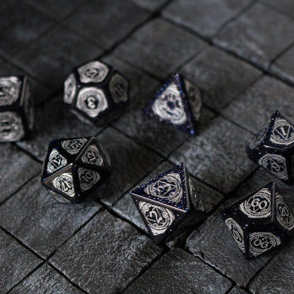 Juego de Dados de DND de Piedras Preciosas, Fuente Plateada de Arenisca Azul Furia de Mago