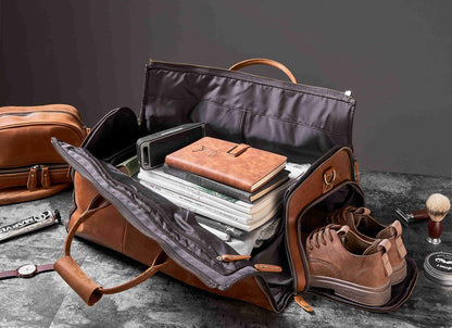 Personalized Leather Hanging Clothes Bag, Leather Duffel Bag with Shoe Pouch, Carry-on Garment Bag, Groomsmen Gift Bag