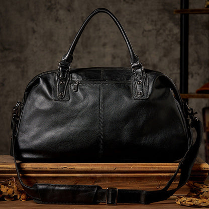 Men’s Leather Travel Duffel Bag, Full Grain Leather Shoulder Bag,  Large Capacity Black Weekend Bag