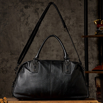 Men’s Leather Travel Duffel Bag, Full Grain Leather Shoulder Bag,  Large Capacity Black Weekend Bag