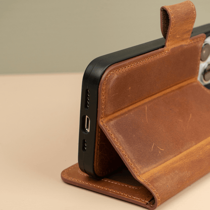 iPhone 16 Series Brown Leather Wallet Case - New York
