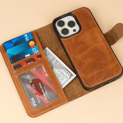 iPhone 16 Series Brown Leather Wallet Case - New York