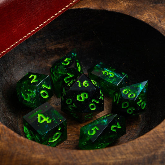 Set de dados DND de resina hechos a mano Nox Green