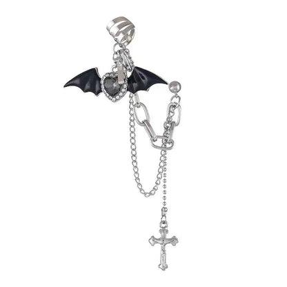 Little Devil Bat Wings Heart Shape Rhinestone Love Cross Chain Ear Clip