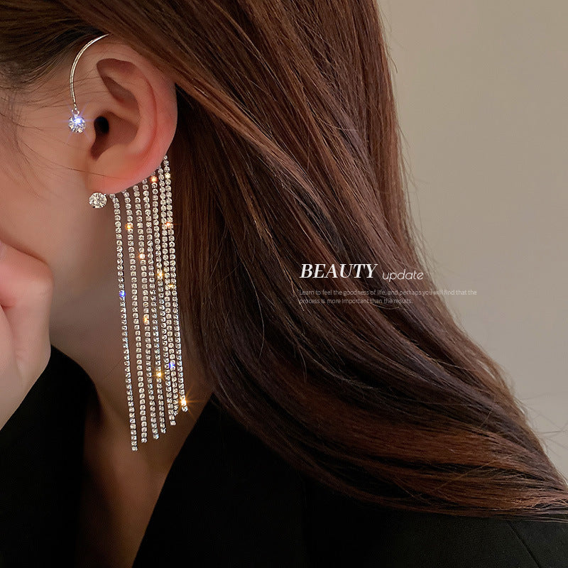Rhinestone Tassel Long Female Personality Graceful Fashionable Non Ear Clip