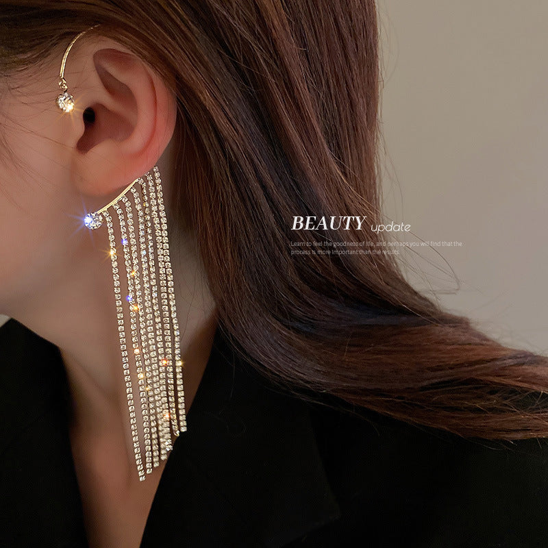 Rhinestone Tassel Long Female Personality Graceful Fashionable Non Ear Clip