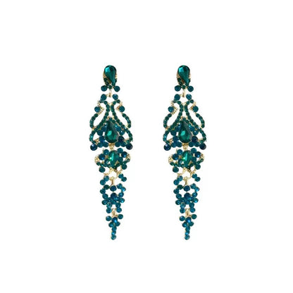 Women's Exaggerated Green Diamond Flower Personalized Design Long Ear Clip