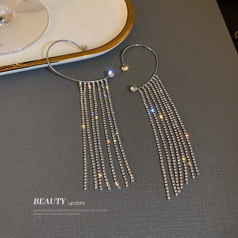 Rhinestone Tassel Long Female Personality Graceful Fashionable Non Ear Clip