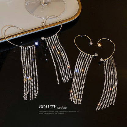 Rhinestone Tassel Long Female Personality Graceful Fashionable Non Ear Clip