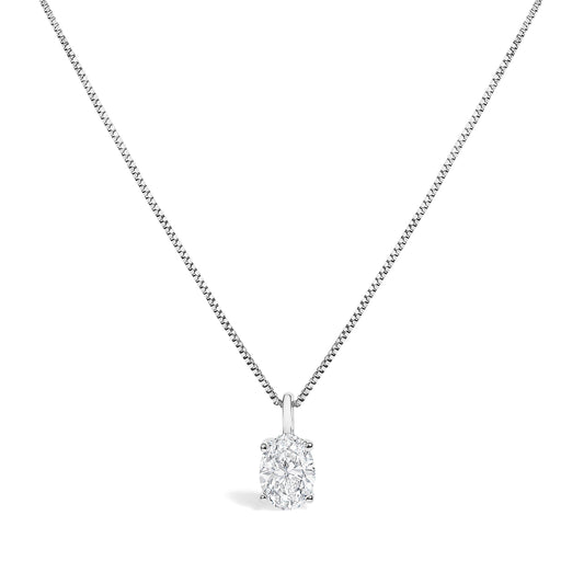 14K White Gold 1.00 Cttw Lab Grown Oval Solitaire Diamond Pendant Necklace