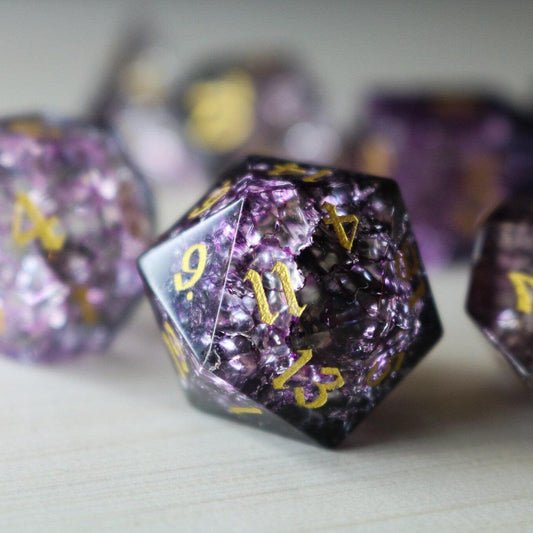 Juego de dados de D&D de cristal Púrpura Purga Forja Fuego
