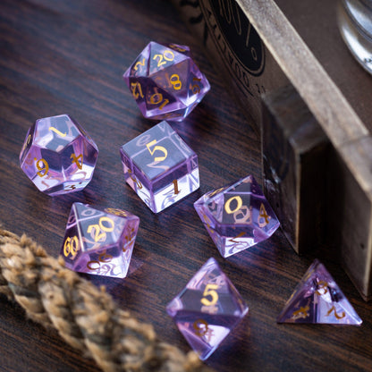 Lila Zirkon Glas Handgeschnitztes D&D Würfelset