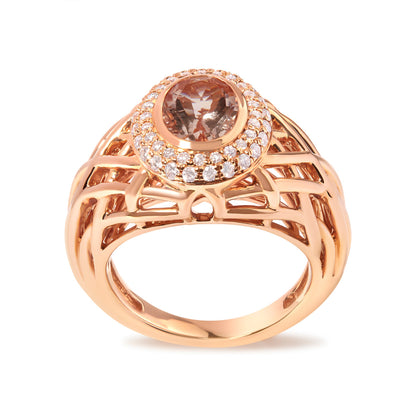 14K Rose Gold Oval Morganite and 3/8 Cttw Diamond Halo Basket Weave Cocktail Ring Size 7