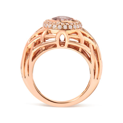 14K Rose Gold Oval Morganite and 3/8 Cttw Diamond Halo Basket Weave Cocktail Ring Size 7