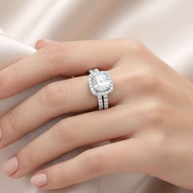 The Radiant Cushion: 3 Carat Moissanite Halo Bridal Set