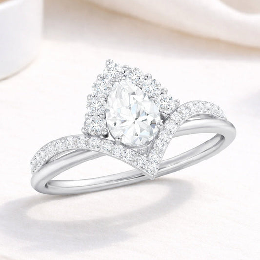 The Regal Teardrop: 1.56ct Pear Moissanite Crown Engagement Ring