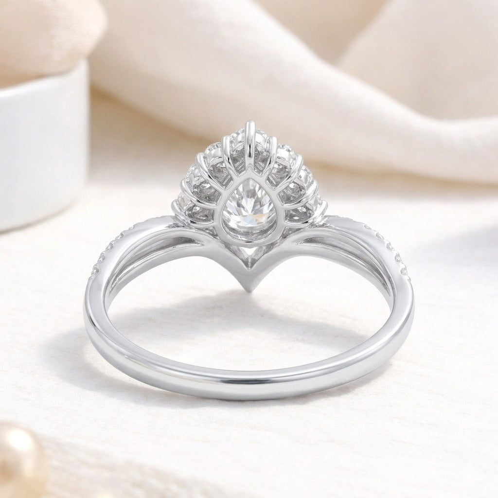 The Regal Teardrop: 1.56ct Pear Moissanite Crown Engagement Ring