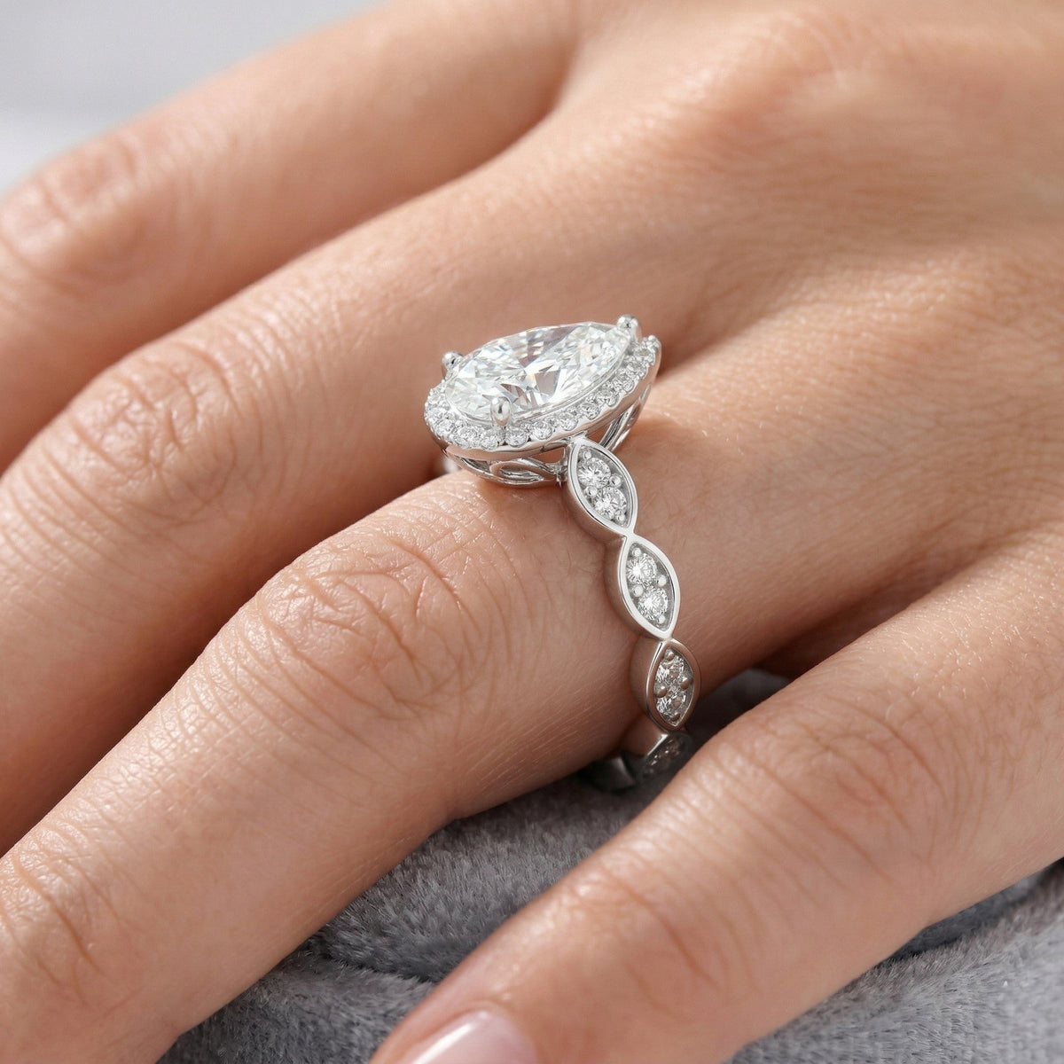 The Vintage Teardrop: 1.70ct Pear Moissanite Halo Engagement Ring