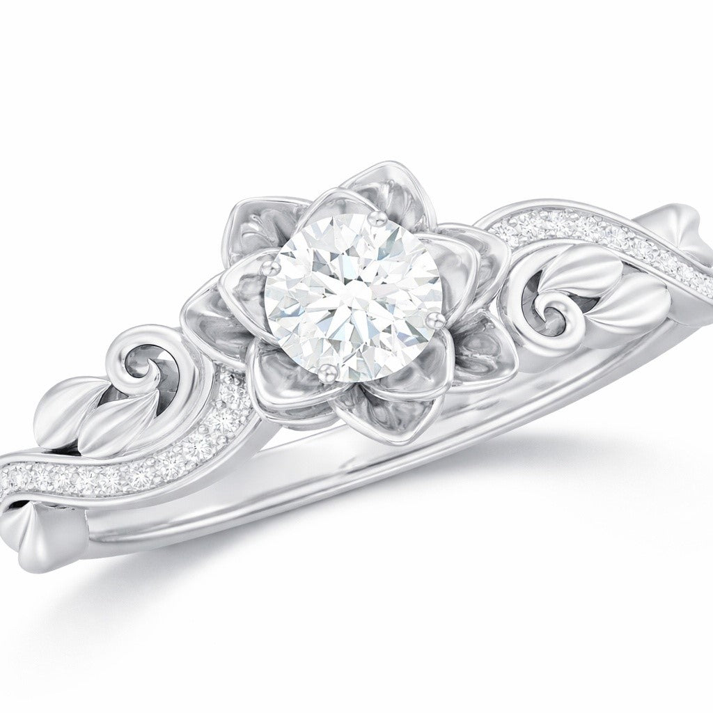 The Blooming Lotus: 0.70ct Round Moissanite Floral Engagement Ring