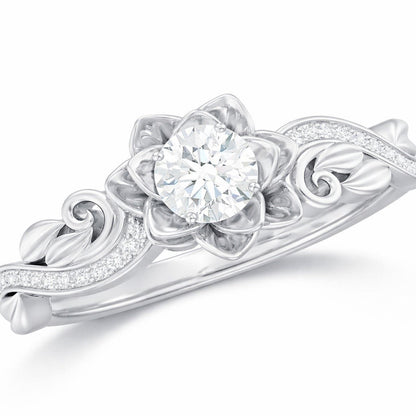 The Blooming Lotus: 0.70ct Round Moissanite Floral Engagement Ring