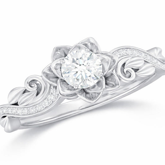 The Blooming Lotus: 0.70ct Round Moissanite Floral Engagement Ring