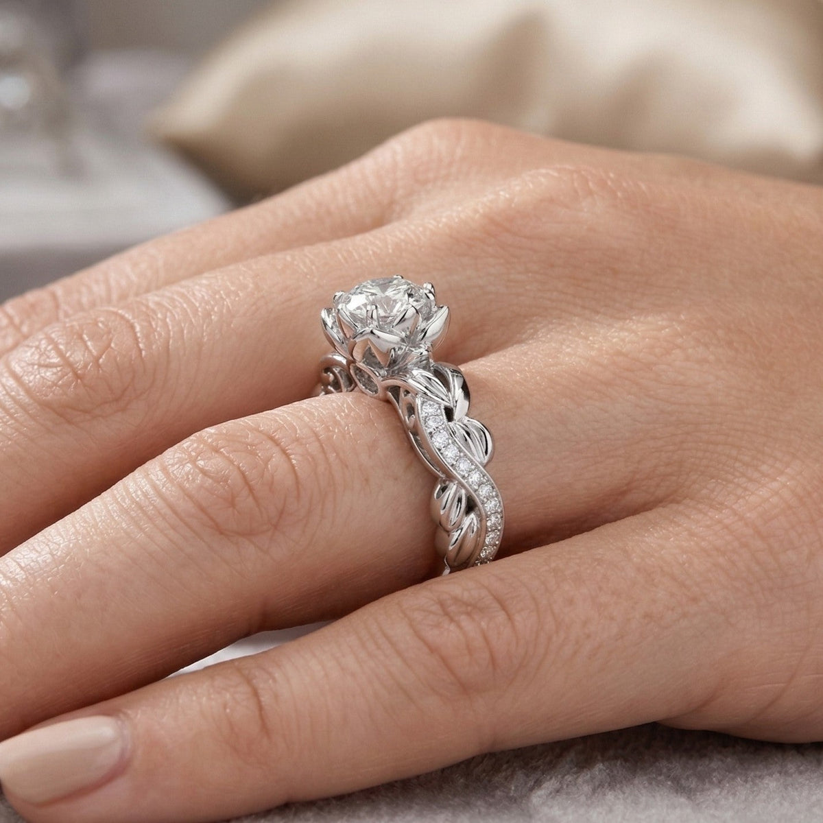 The Blooming Lotus: 0.70ct Round Moissanite Floral Engagement Ring