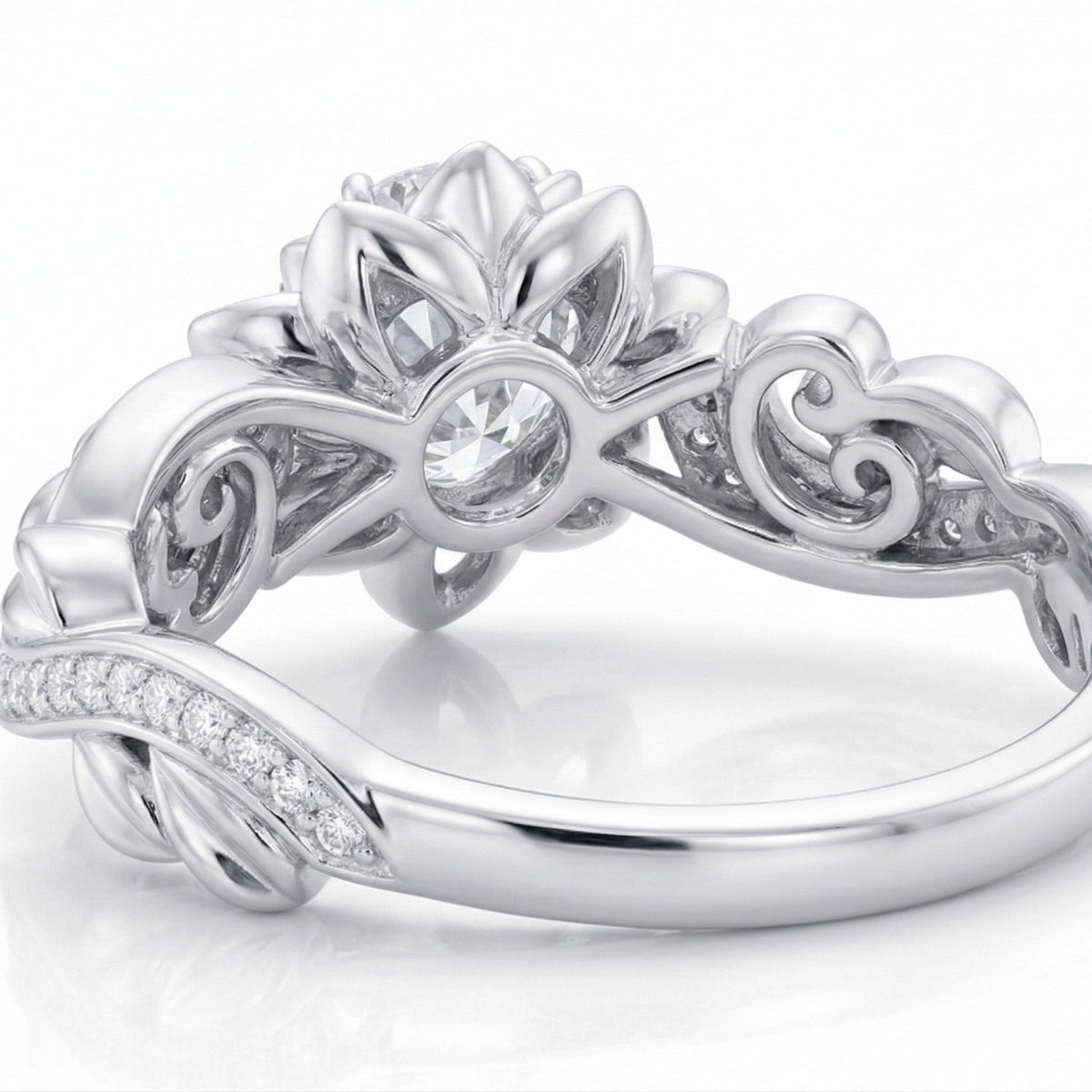 The Blooming Lotus: 0.70ct Round Moissanite Floral Engagement Ring