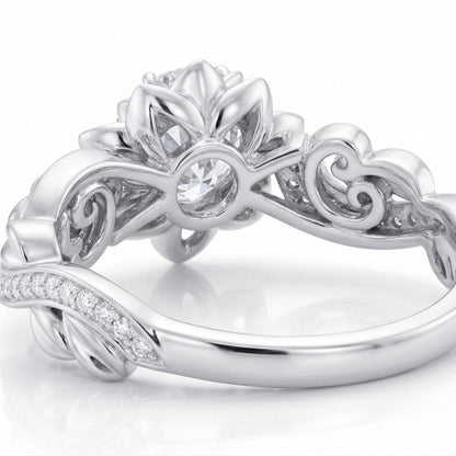 The Blooming Lotus: 0.70ct Round Moissanite Floral Engagement Ring