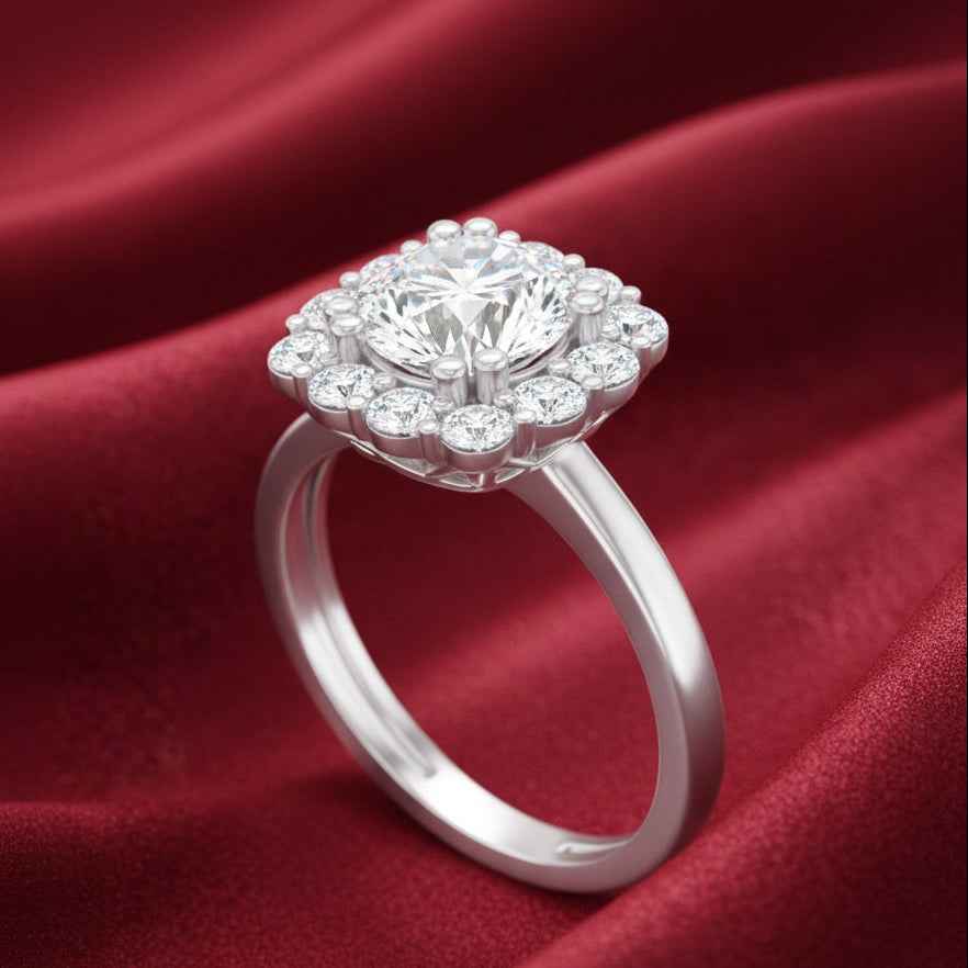 The Regal Halo: 2.44ct Round Moissanite Cluster Engagement Ring