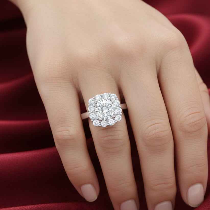 The Regal Halo: 2.44ct Round Moissanite Cluster Engagement Ring