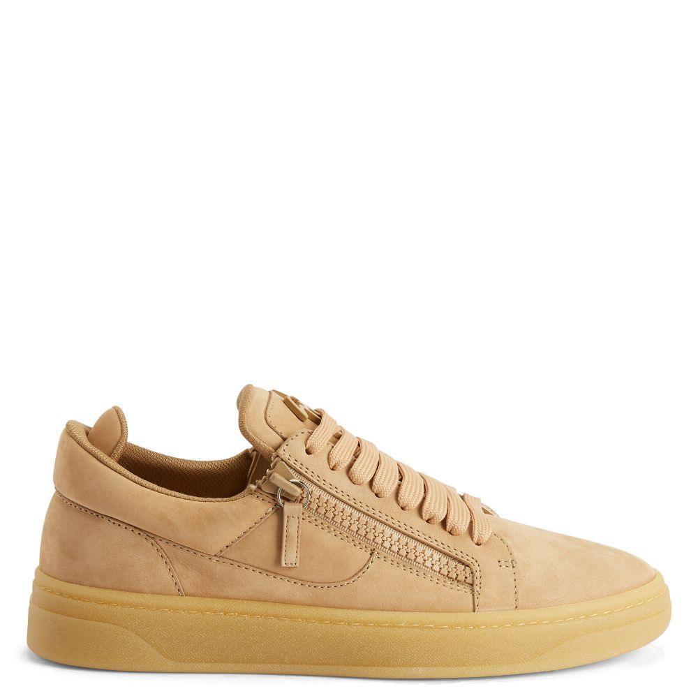 Giuseppe Zanotti GZ94 White Nubuck Low-Top Sneakers with Side Zippers and Honey Rubber Sole