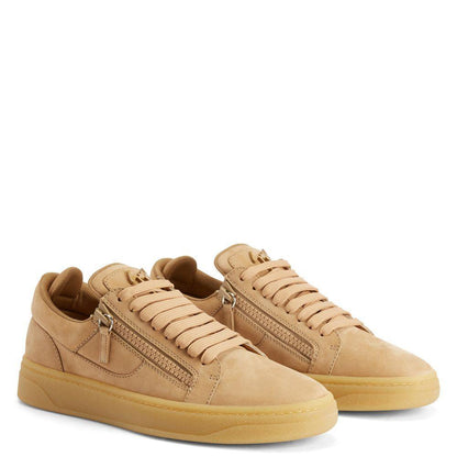 Giuseppe Zanotti GZ94 White Nubuck Low-Top Sneakers with Side Zippers and Honey Rubber Sole